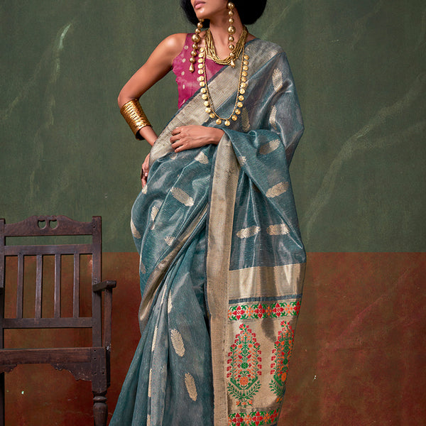 Monjolika Fashion Weaving Zari Tissue Silk Designer Saree In Blue - Distacart