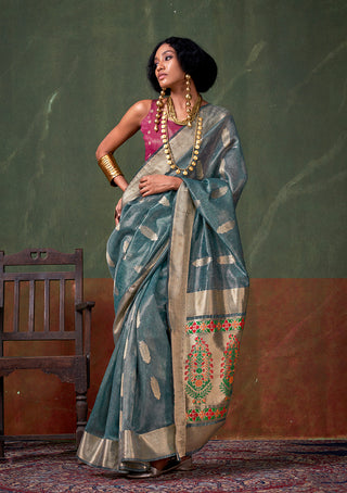 Monjolika Fashion Weaving Zari Tissue Silk Designer Saree In Blue