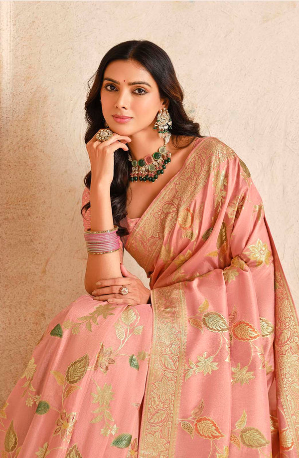 Monjolika Fashion Baby Pink Color Weaving Silk Classic Saree
