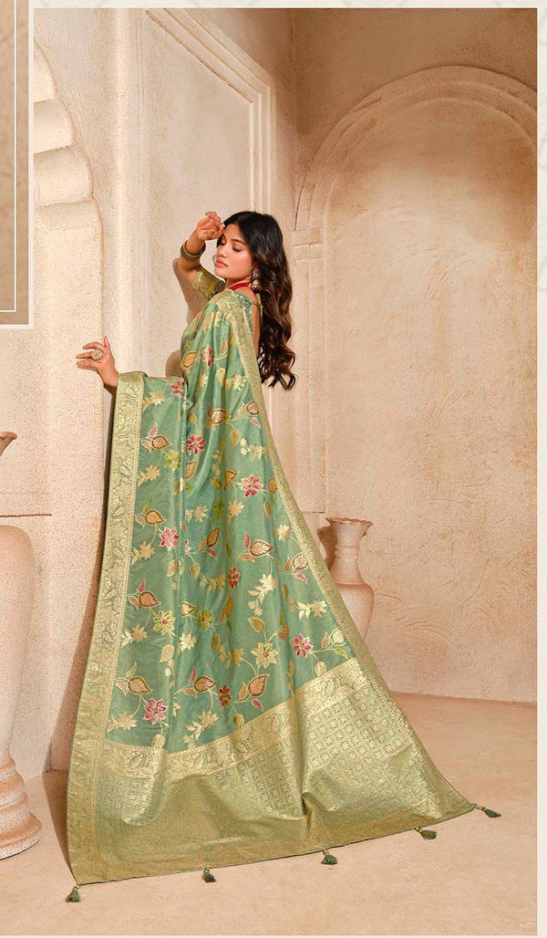 Monjolika Fashion Sea Green Color Weaving Silk Classic Saree