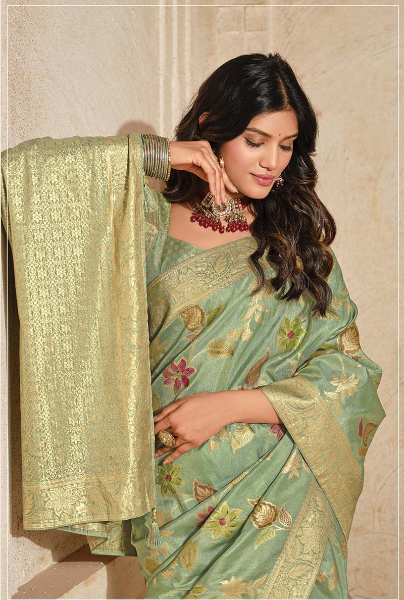 Monjolika Fashion Sea Green Color Weaving Silk Classic Saree