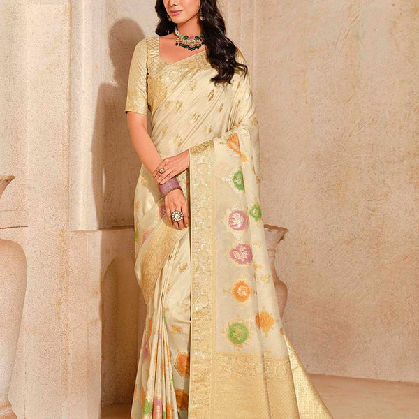 Monjolika Fashion Cream Color Weaving Silk Classic Saree - Distacart