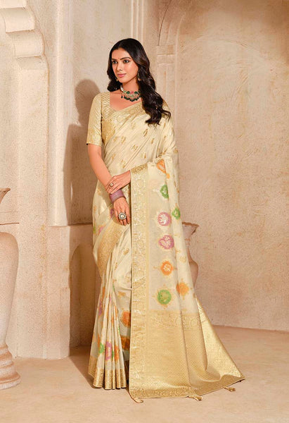 Monjolika Fashion Cream Color Weaving Silk Classic Saree