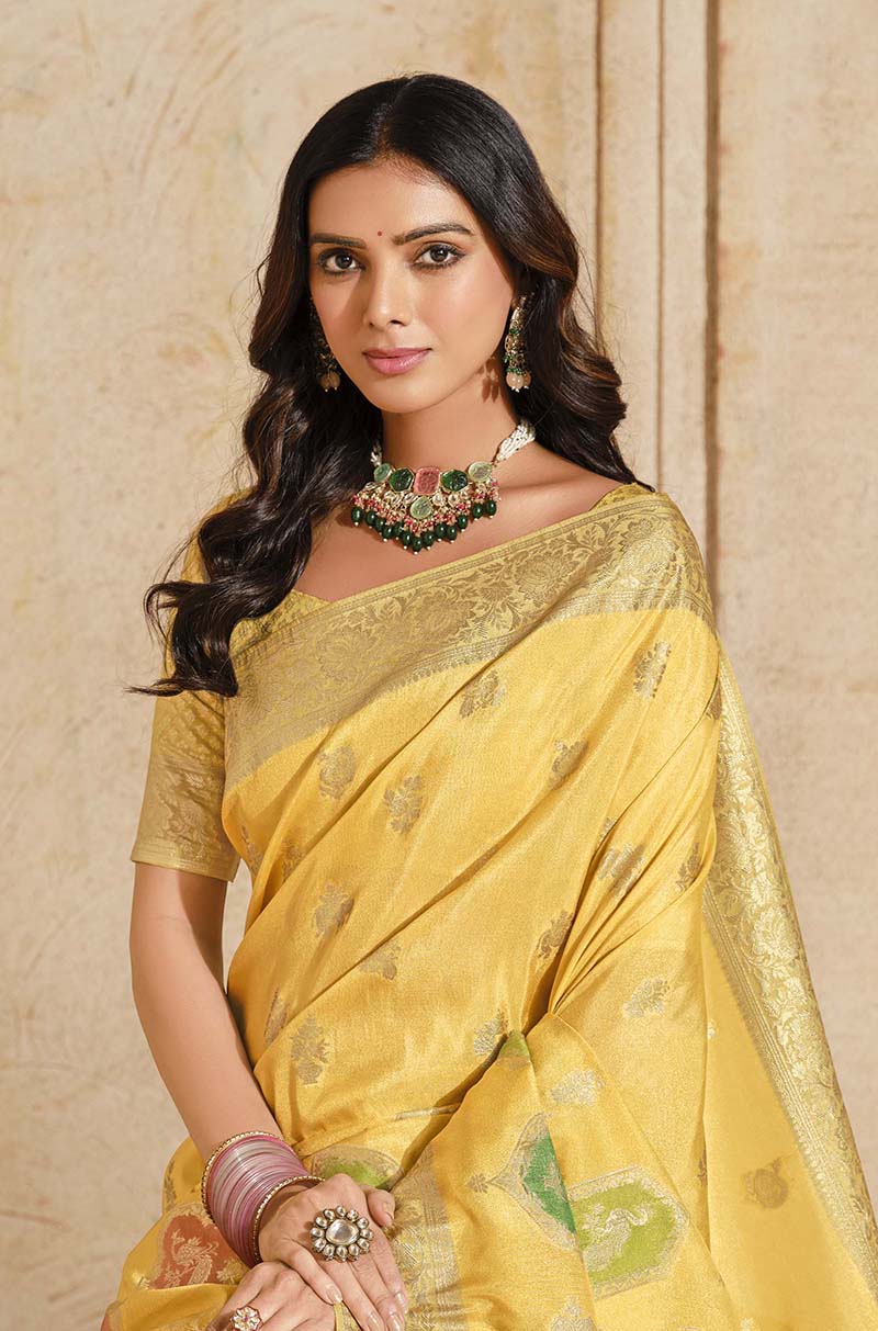 Monjolika Fashion Yellow Color Weaving Silk Classic Saree