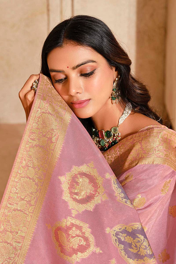 Monjolika Fashion Light Pink Color Weaving Silk Classic Saree