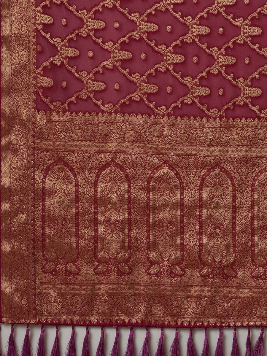 Anouk Burgundy & Gold-Toned Woven Design Zari Pure Georgette Kanjeevaram Saree - Distacart
