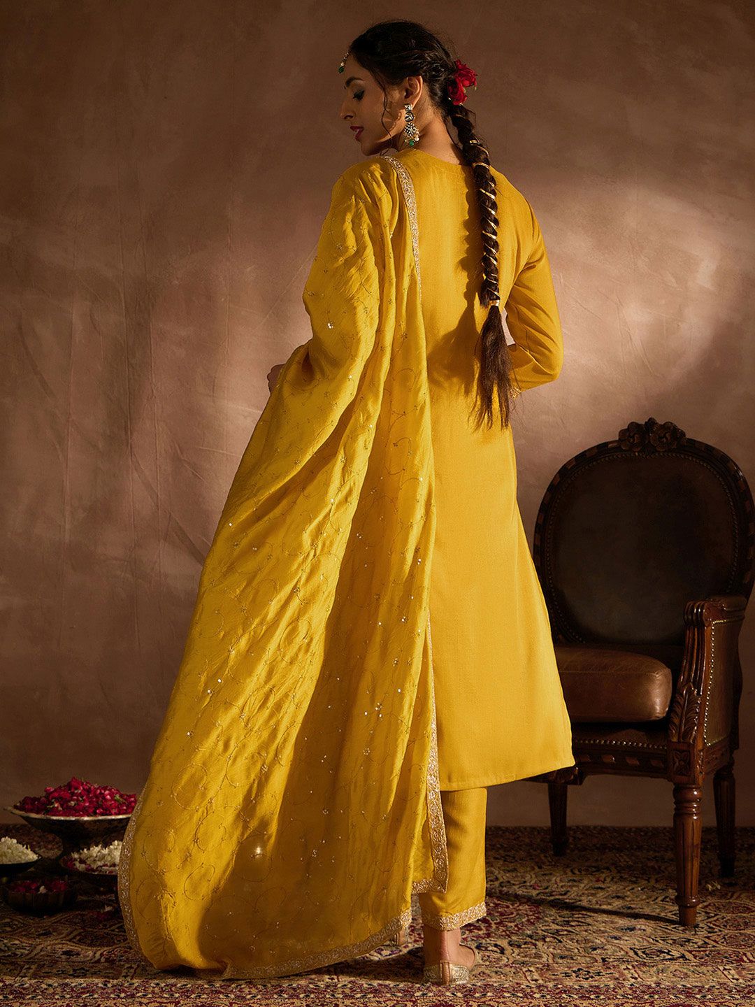 Indo Era Yellow Paisley Embroidered Regular Straight Kurta With Trousers & Dupatta