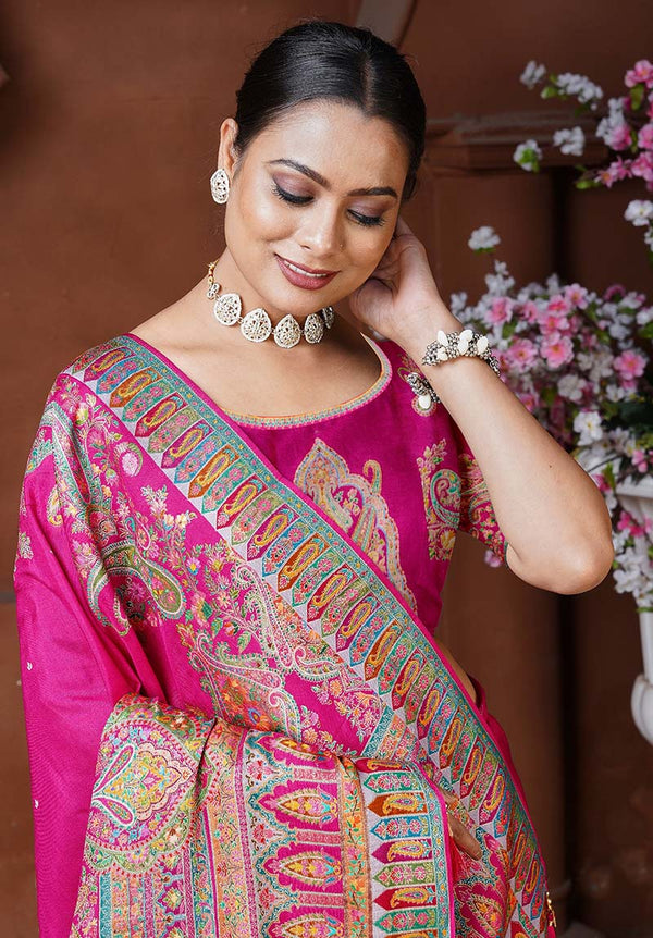 Monjolika Fashion Rani Pink Color Beautiful Weaving Dola Silk Traditional Saree