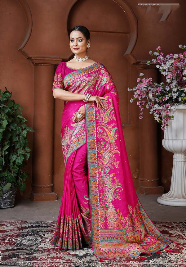 Monjolika Fashion Rani Pink Color Beautiful Weaving Dola Silk Traditional Saree