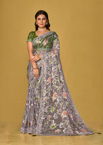 Thumbnail for Monjolika Fashion Grey Color Organza Brasso With Beautiful Printed Saree - Distacart