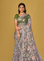 Thumbnail for Monjolika Fashion Grey Color Organza Brasso With Beautiful Printed Saree - Distacart
