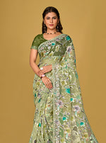Thumbnail for Monjolika Fashion Light Green Color Organza Brasso With Beautiful Printed Saree - Distacart