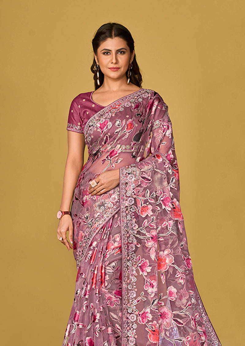 Monjolika Fashion Mauve Pink Color Organza Brasso With Beautiful Printed Saree - Distacart