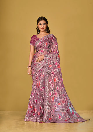 Monjolika Fashion Mauve Pink Color Organza Brasso With Beautiful Printed Saree