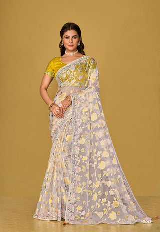 Monjolika Fashion Off White Color Organza Brasso With Beautiful Printed Saree