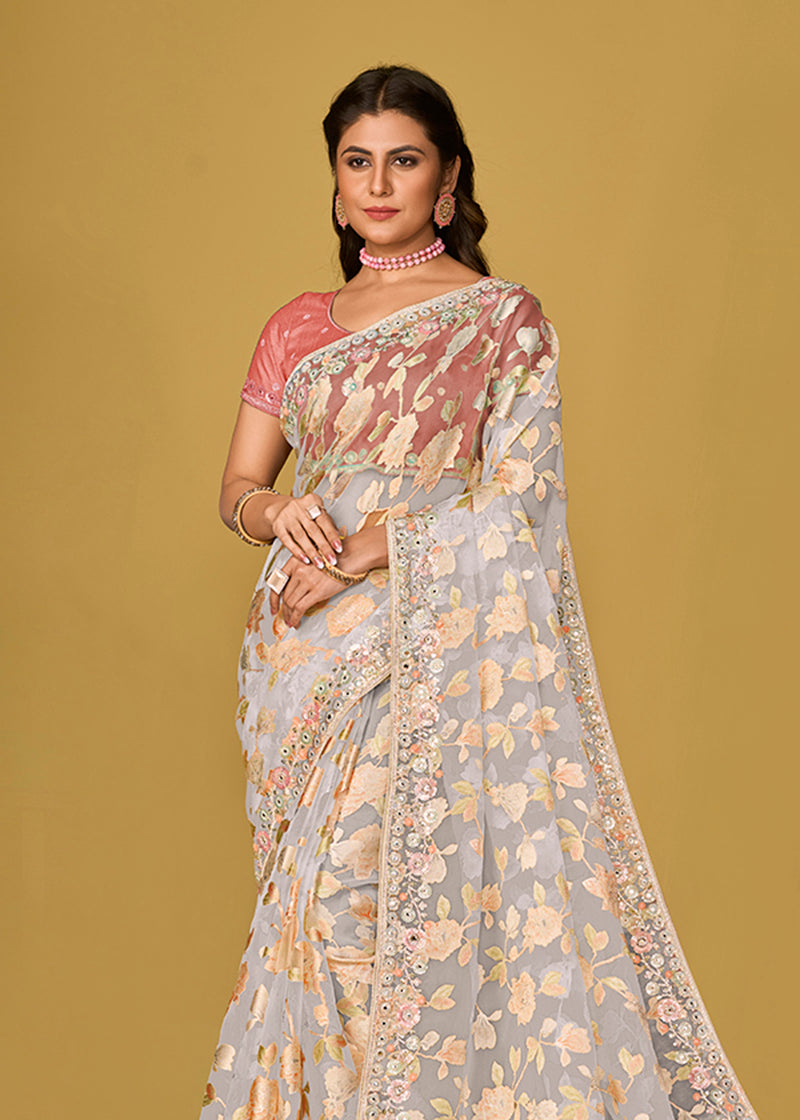 Monjolika Fashion Off White Color Organza Brasso With Beautiful Printed Saree - Distacart