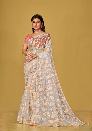 Monjolika Fashion Off White Color Organza Brasso With Beautiful Printed Saree