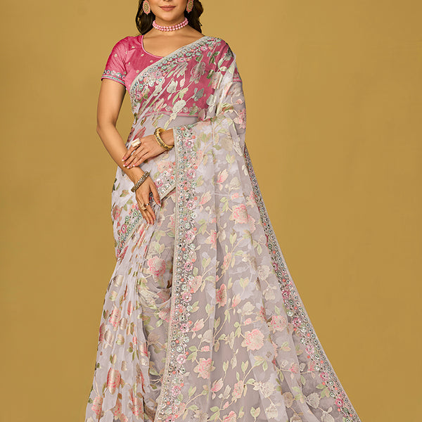 Monjolika Fashion Off White Color Organza Brasso With Beautiful Printed Saree