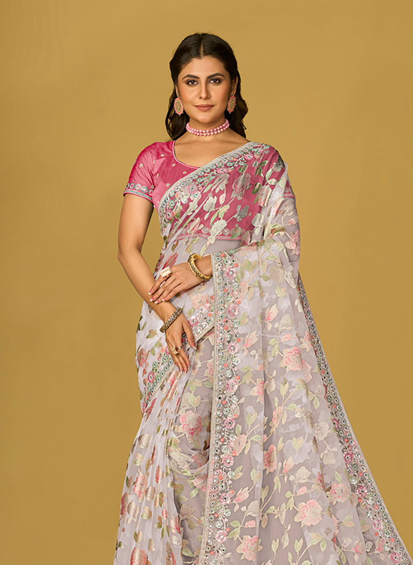 Monjolika Fashion Off White Color Organza Brasso With Beautiful Printed Saree