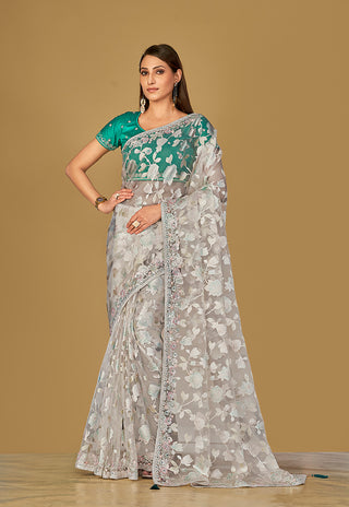 Monjolika Fashion Off White Color Organza Brasso With Beautiful Printed Saree