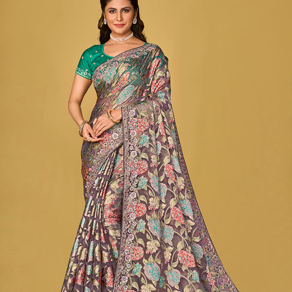 Monjolika Fashion Grey Silk Organza Brasso Festive Wear Printed Saree
