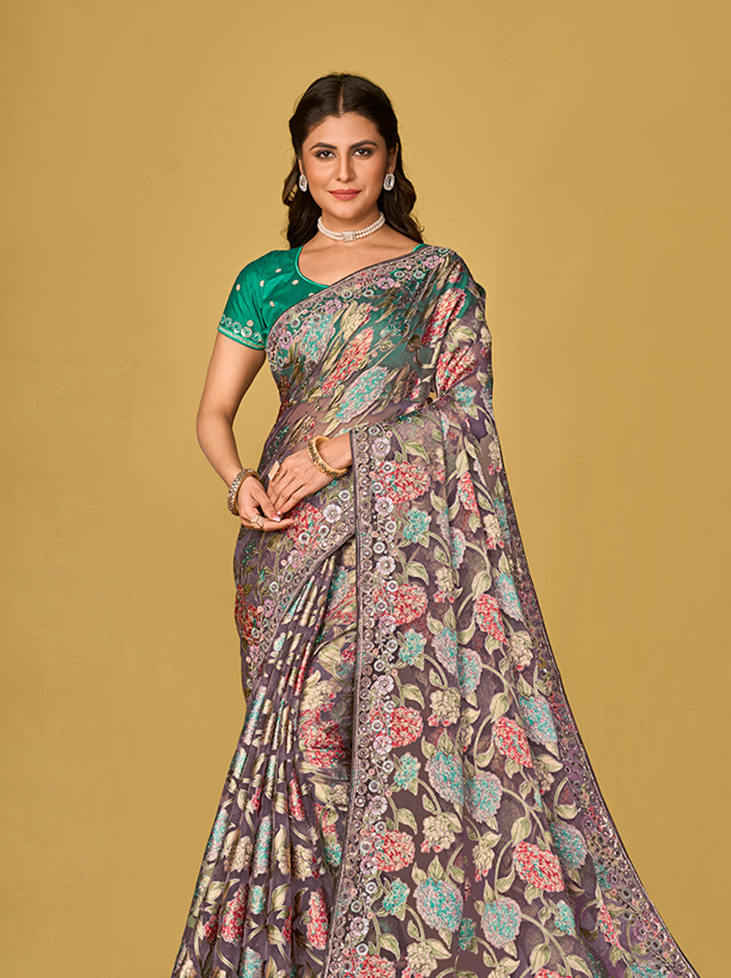 Monjolika Fashion Grey Silk Organza Brasso Festive Wear Printed Saree