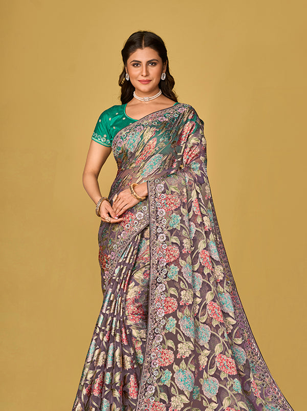 Monjolika Fashion Grey Silk Organza Brasso Festive Wear Printed Saree