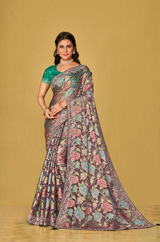 Monjolika Fashion Grey Silk Organza Brasso Festive Wear Printed Saree