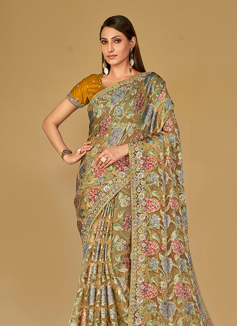 Monjolika Fashion Mustard Silk Organza Brasso Festive Wear Printed Saree