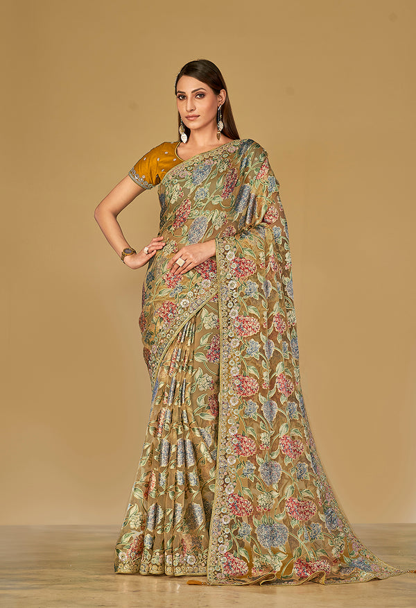 Monjolika Fashion Mustard Silk Organza Brasso Festive Wear Printed Saree