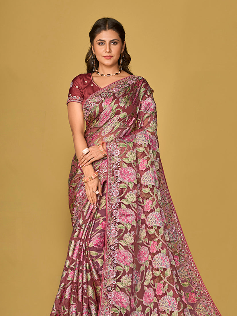 Monjolika Fashion Burgundy Silk Organza Brasso Festive Wear Printed Saree