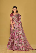 Thumbnail for Monjolika Fashion Burgundy Silk Organza Brasso Festive Wear Printed Saree