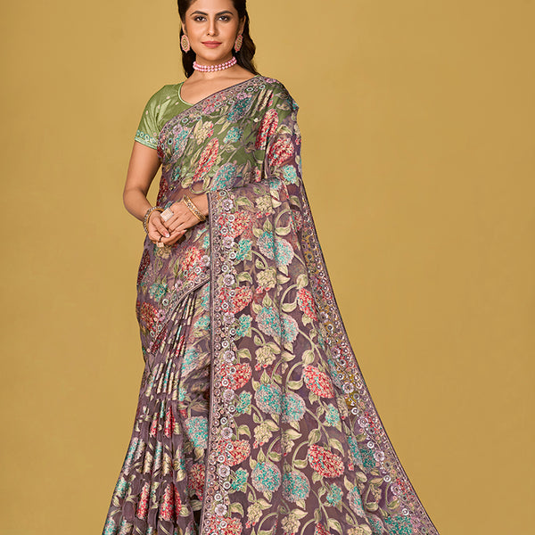 Monjolika Fashion Grey Silk Organza Brasso Festive Wear Printed Saree