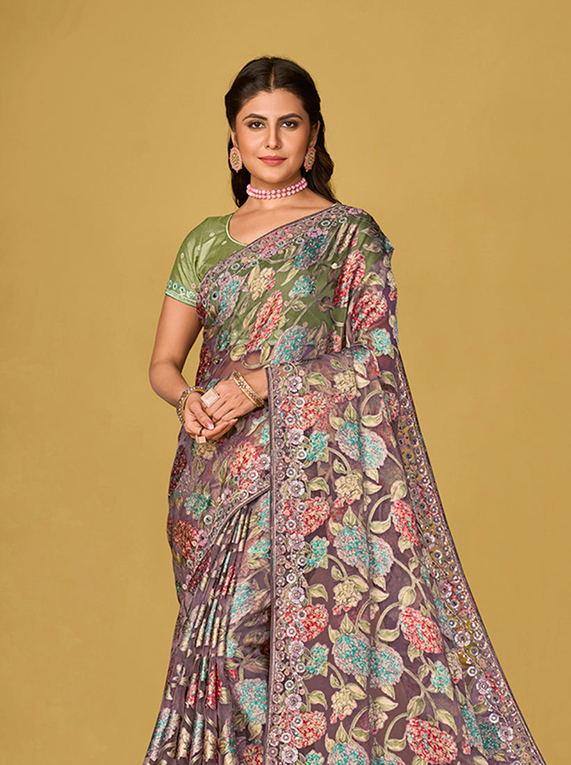 Monjolika Fashion Grey Silk Organza Brasso Festive Wear Printed Saree