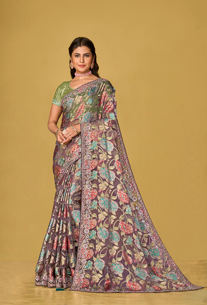 Monjolika Fashion Grey Silk Organza Brasso Festive Wear Printed Saree