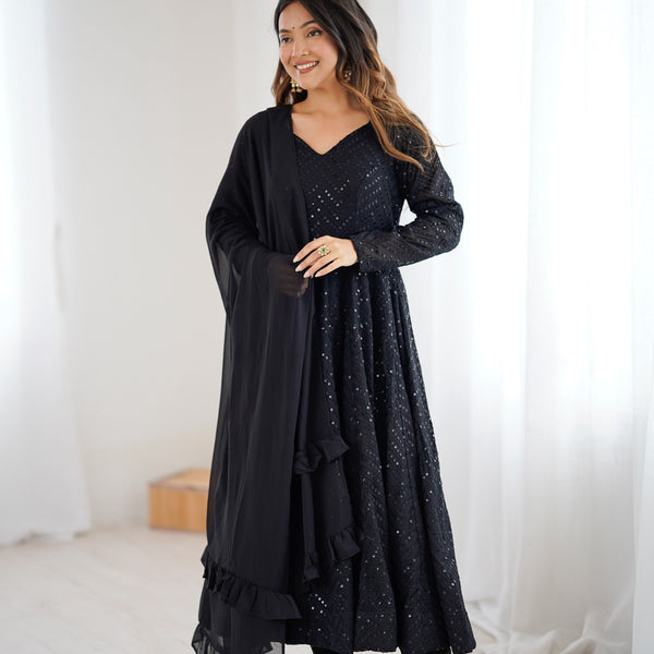 Lorenvalley Fashion Black Faux Georgette Lucknowi Sequence Work Anarkali Kurta Pant With Dupatta Set - Distacart