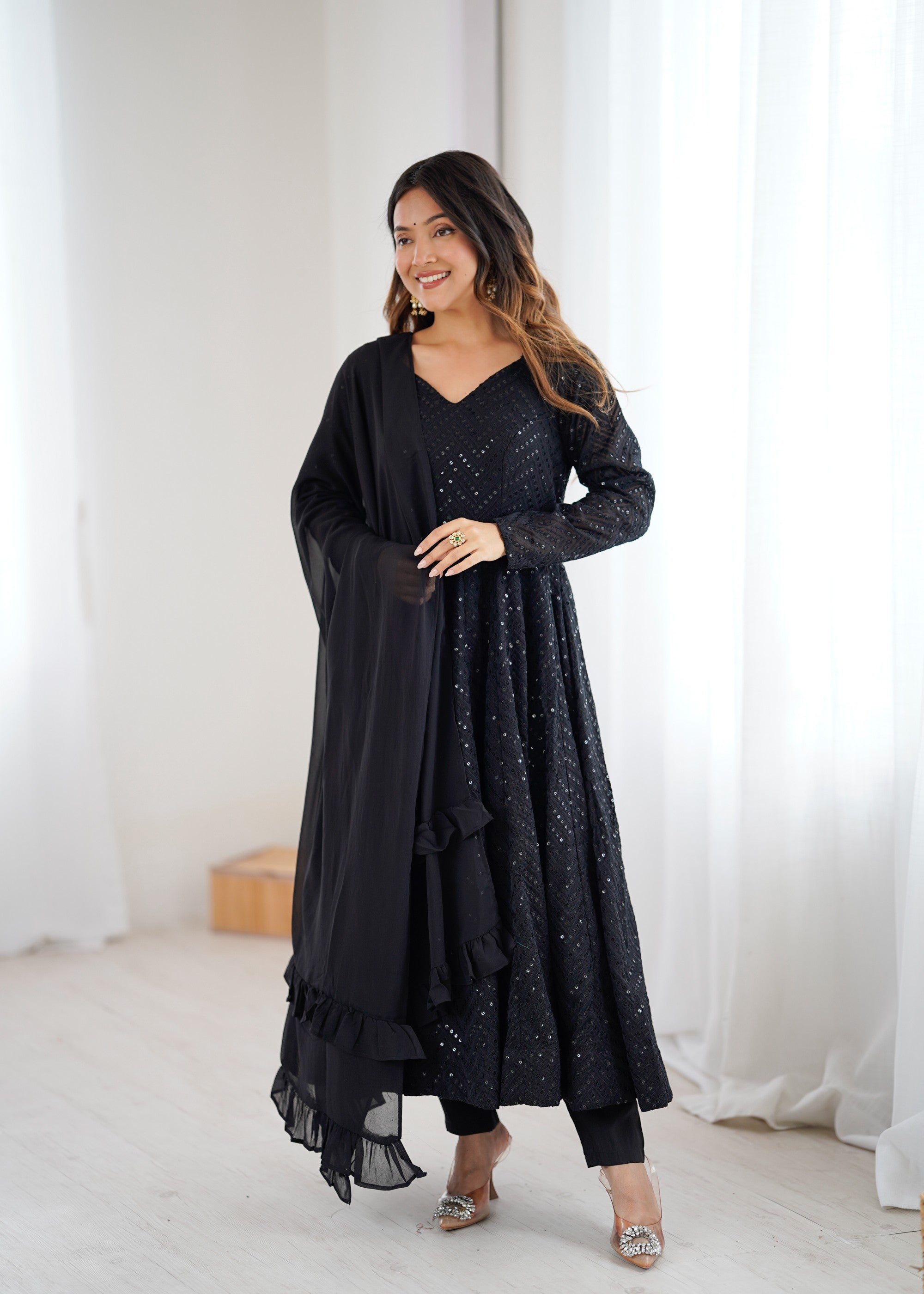 Lorenvalley Fashion Black Faux Georgette Lucknowi Sequence Work Anarkali Kurta Pant With Dupatta Set - Distacart