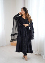 Thumbnail for Lorenvalley Fashion Black Faux Georgette Lucknowi Sequence Work Anarkali Kurta Pant With Dupatta Set - Distacart