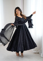 Thumbnail for Lorenvalley Fashion Black Faux Georgette Lucknowi Sequence Work Anarkali Kurta Pant With Dupatta Set - Distacart
