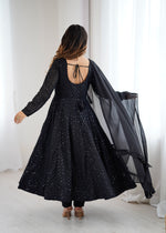 Thumbnail for Lorenvalley Fashion Black Faux Georgette Lucknowi Sequence Work Anarkali Kurta Pant With Dupatta Set - Distacart
