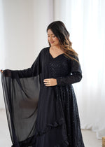 Thumbnail for Lorenvalley Fashion Black Faux Georgette Lucknowi Sequence Work Anarkali Kurta Pant With Dupatta Set - Distacart