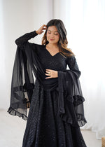 Thumbnail for Lorenvalley Fashion Black Faux Georgette Lucknowi Sequence Work Anarkali Kurta Pant With Dupatta Set - Distacart