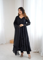 Thumbnail for Lorenvalley Fashion Black Faux Georgette Lucknowi Sequence Work Anarkali Kurta Pant With Dupatta Set - Distacart