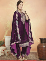 Thumbnail for Jyoti Fashion Women's Wine Velvet Cording with Resham Thread & Sequin Kurta with Trouser & Dupatta - Distacart