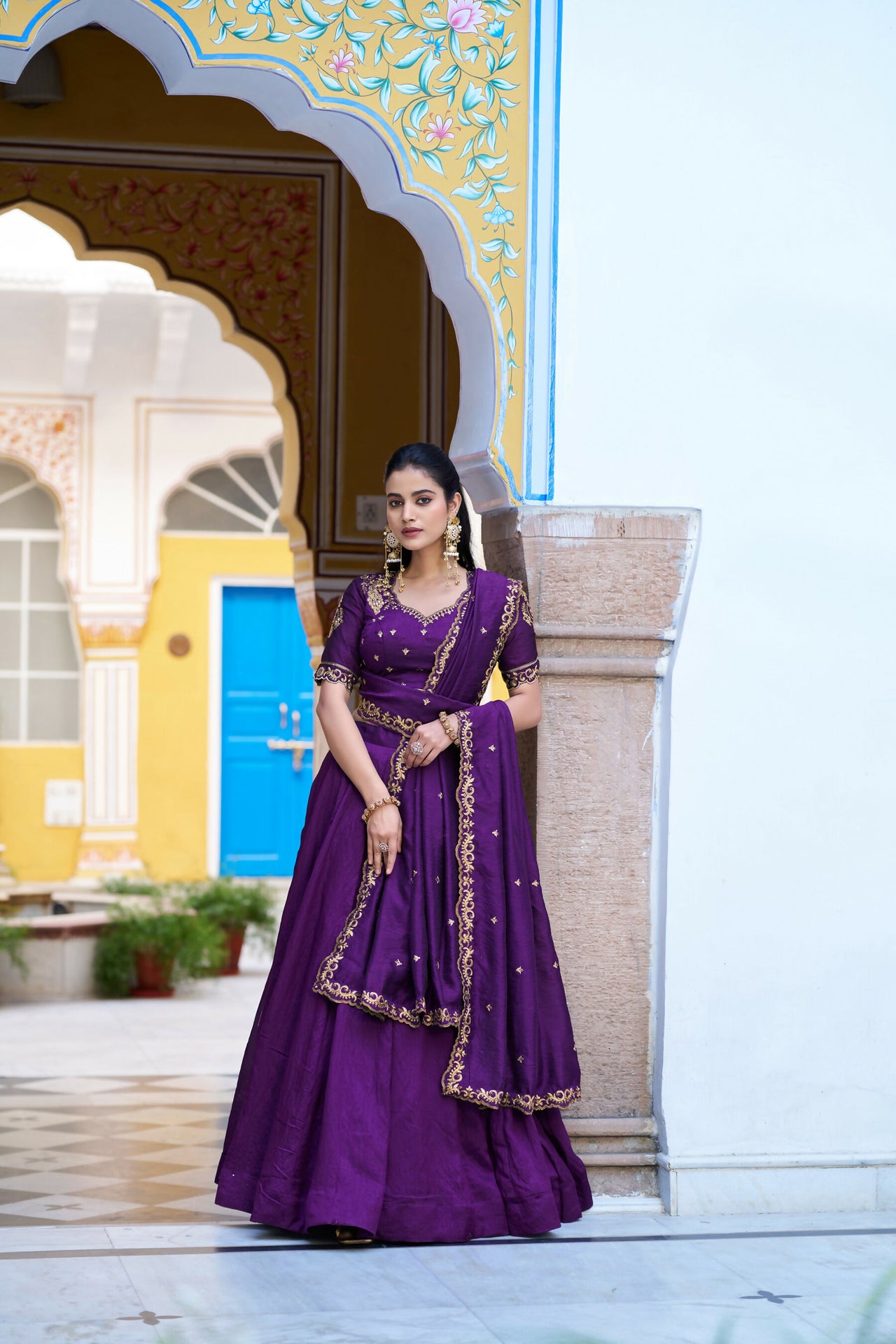 Lorenvalley Fashion Purple NC Silk Plain Lehenga Embroidery Work Choli with Dupatta - Dista