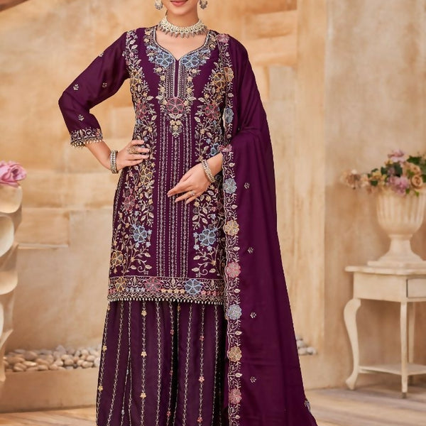 Anaita Maroon Vichitra Silk Readymade Palazzo Suit with Embroidery & Lace Work - Distacart