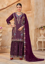 Thumbnail for Anaita Maroon Vichitra Silk Readymade Palazzo Suit with Embroidery & Lace Work - Distacart