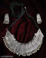 Thumbnail for Tehzeeb Creations Women's German Silver Oxidised Necklace And Earrings Set - Distacart