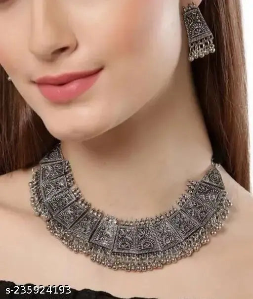 Tehzeeb Creations Women's German Silver Oxidised Necklace And Earrings Set - Distacart