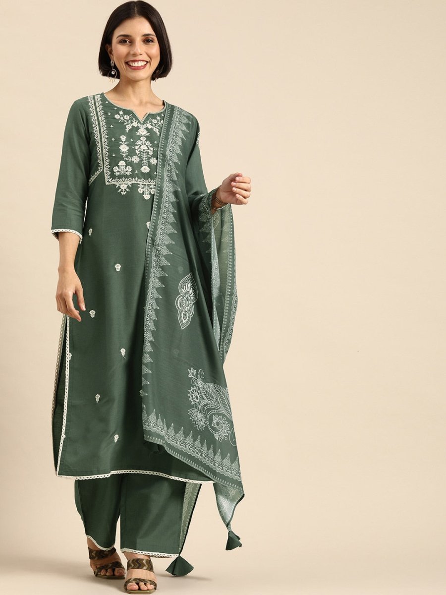 Anouk Women Green Ethnic Motifs Embroidered Kurta with Palazzos & Dupatta - Distacart
